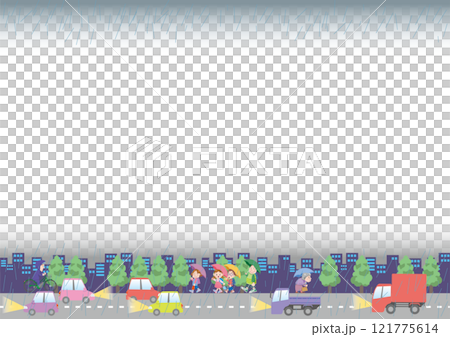 交通安全＜街の道路（雨天）のイメージのフレームイラスト・車・トラック・横位置＞ 121775614
