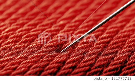 Needle piercing red knit fabric for sewing and repair 121775712