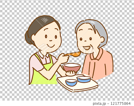 護理人員提供膳食協助。微笑的老人 121775864