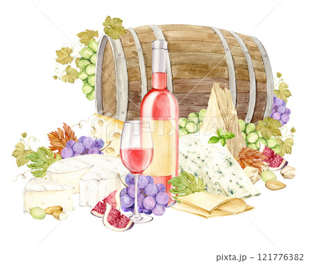 Pink wine and snack on a wooden barrel background. Bottle of light wine, glass of rose wine, grapes, brie and cheddar cheese, blue cheese with mold and figs. Watercolor illustration in retro style. 121776382