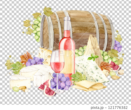 Pink wine and snack on a wooden barrel background. Bottle of light wine, glass of rose wine, grapes, brie and cheddar cheese, blue cheese with mold and figs. Watercolor illustration in retro style. Pink wine and snack on a wooden barrel background. Bottle of light wine, glass of rose wine, grapes, brie and cheddar cheese, blue cheese with mold and figs. Watercolor illustration in retro style. 121776382