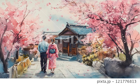 桜と古民家の散策|春の日本を楽しむ和装カップルの風景 桜と古民家の散策|春の日本を楽しむ和装カップルの風景 121776813