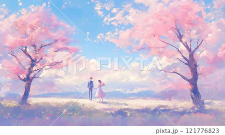 桜並木と春のデート｜青空の下で歩くカップルのロマンチックな風景 121776823