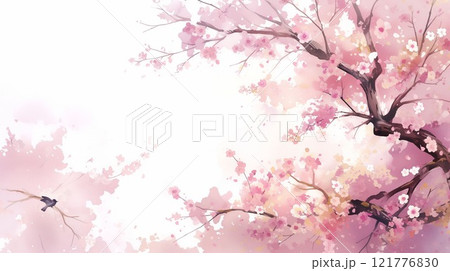 春の桜と鳥のシルエット｜和風の優雅な花景色｜ピンクの自然風景イラスト 121776830
