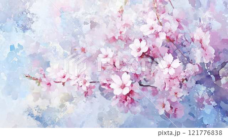桜の花と青空の春風景|ピンクと淡いブルーが織りなす自然美|水彩風和風イラスト 桜の花と青空の春風景|ピンクと淡いブルーが織りなす自然美|水彩風和風イラスト 121776838