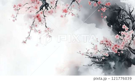 墨絵風の桜と春の情景｜和風モノクロとピンクの対比｜伝統的な日本の美 121776839
