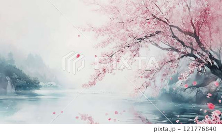 湖畔の桜と静寂の春風景|舞い散る花びらと淡い自然美|和風イラスト 湖畔の桜と静寂の春風景|舞い散る花びらと淡い自然美|和風イラスト 121776840
