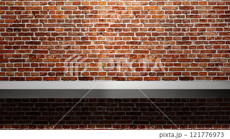 Red wall with white shelf. Abstract pattern of a brick wall 121776973