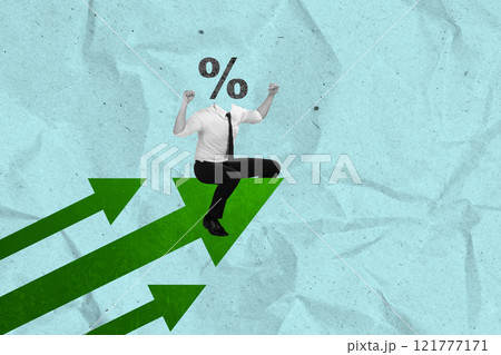 A businessman with a percentage symbol sitting on a green arrow A businessman with a percentage symbol sitting on a green arrow 121777171