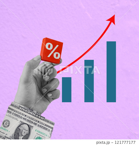 The human hand shows an increase chart and a cube with a percentage symbol 121777177