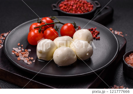 Delicious fresh mozzarella cheese with tomatoes, salt and spices 121777666