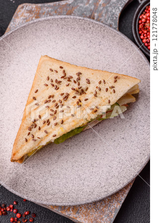 Sandwich with toast bread, meat, tomatoes, cheese, sauce, salt and spices 121778048