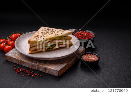 Sandwich with toast bread, meat, tomatoes, cheese, sauce, salt and spices Sandwich with toast bread, meat, tomatoes, cheese, sauce, salt and spices 121778049