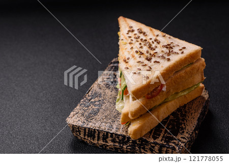 Sandwich with toast bread, meat, tomatoes, cheese, sauce, salt and spices 121778055
