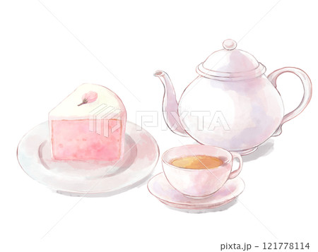 水彩で描いた春のケーキセットのイラスト 121778114