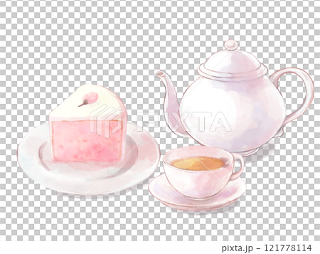 水彩で描いた春のケーキセットのイラスト 121778114