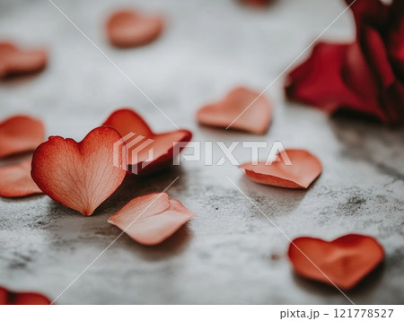 Heart shaped petals on light grey surface for romantic designs and Valentines day themes 121778527