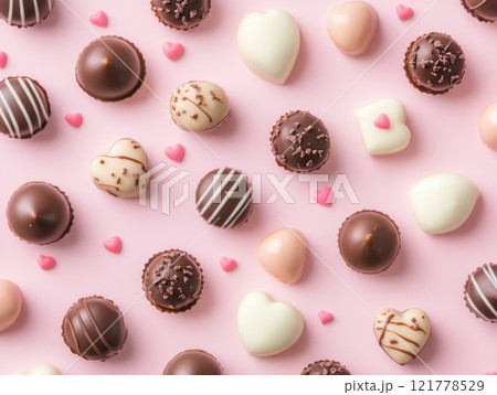 Valentines day celebration with heart shaped chocolates and confetti for romantic decor 121778529