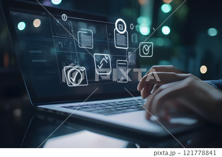 ノートパソコンで作業する手とデジタルアイコンのホログラム ノートパソコンで作業する手とデジタルアイコンのホログラム 121778841