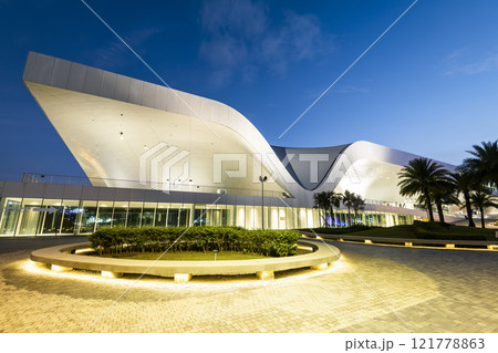 Night view of the National Kaohsiung Center for the Arts (Weiwuying), Taiwan. The site was originally a military compound and was reconstructed as an arts center. 121778863