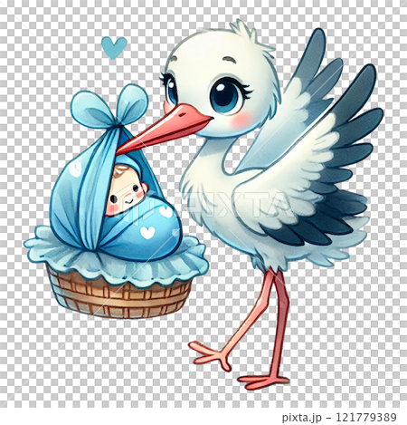 A cheerful stork delivering a baby in a blue blanket basket. Baby shower clipart cartoon. 121779389