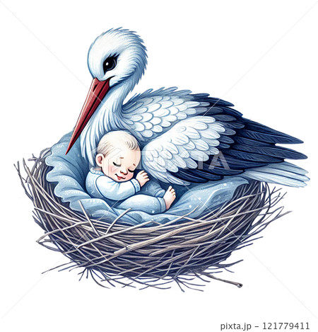 A stork gently cradles a sleeping baby in its nest. Baby shower clipart cartoon. 121779411