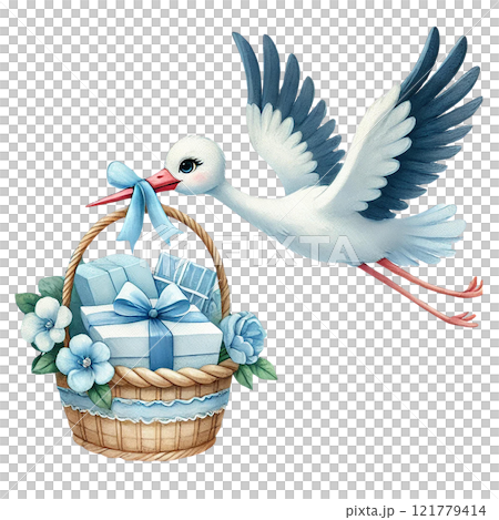 A whimsical stork carrying a basket of gifts and flowers. Baby shower clipart cartoon. 121779414