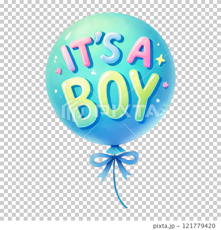 Colorful balloon celebrating a baby boy's arrival with joy. Baby shower clipart cartoon. 121779420