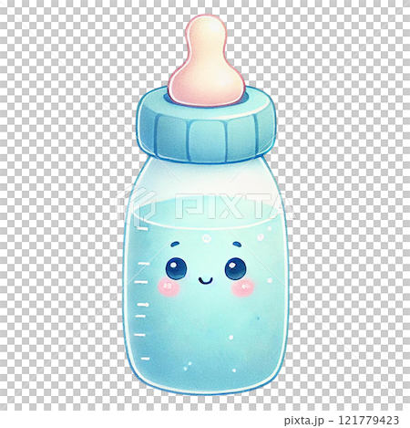 Cute baby bottle with a smiling face, perfect for baby-related themes. Baby shower clipart cartoon. 121779423