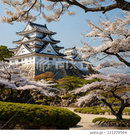 Traditional Japanese castle surrounded by cherry blossoms.  121779564