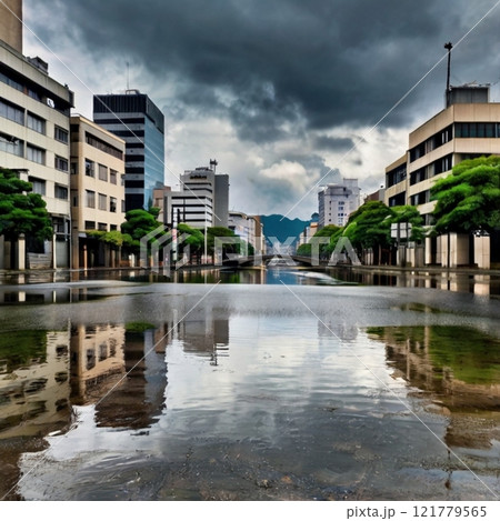 Urban street flooded with water under cloudy sky.  121779565