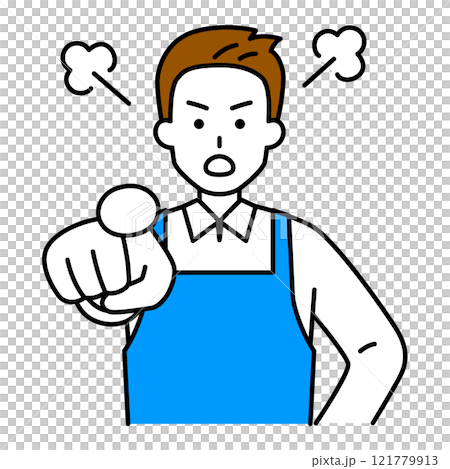 指差して怒るエプロン姿の男性 121779913