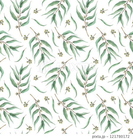 Eucalyptus seeded plant branch with leaves seamless pattern. Watercolor floral print with green leaf hand drawn illustration for fabric, textile, wallpaper. Herbal design on isolated white background  121780172