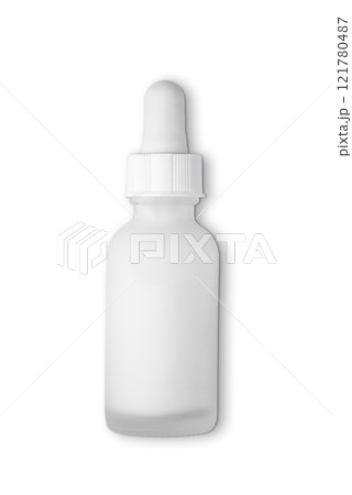 A frosted white dropper bottle with a minimalist design on white background 121780487