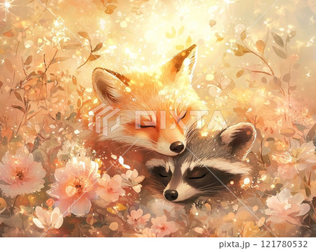 愛らしいキツネとアライグマの癒しの春の風景 121780532