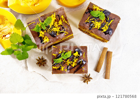 Cake chocolate with pumpkin layer on granite top Cake chocolate with pumpkin layer on granite top 121780568