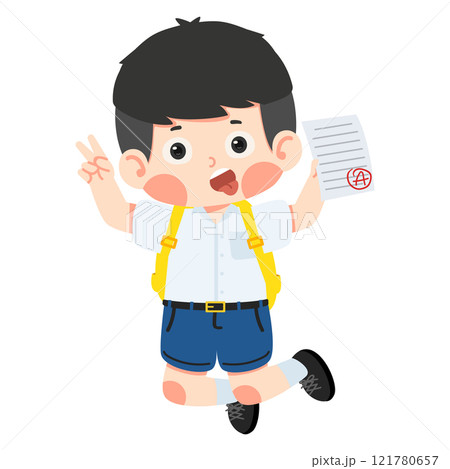 Boy student jump and feel happy because get good grade from exam 121780657