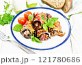 Rolls of eggplant with meat in plate on light board 121780686