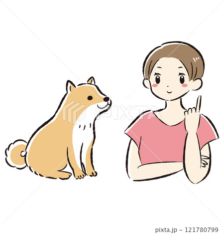 おすわり（待て）をする犬と飼い主のイラスト 121780799