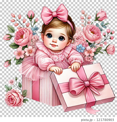 A cute baby girl in a gift box surrounded by pink flowers. Baby shower clipart cartoon A cute baby girl in a gift box surrounded by pink flowers. Baby shower clipart cartoon 121780903