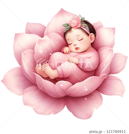 A serene baby sleeping peacefully on a pink lotus flower. Baby shower clipart cartoon 121780911