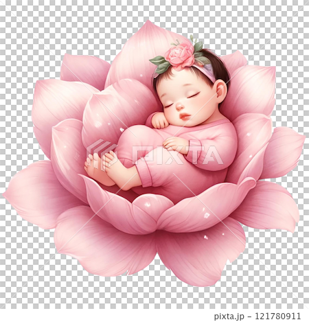 A serene baby sleeping peacefully on a pink lotus flower. Baby shower clipart cartoon 121780911