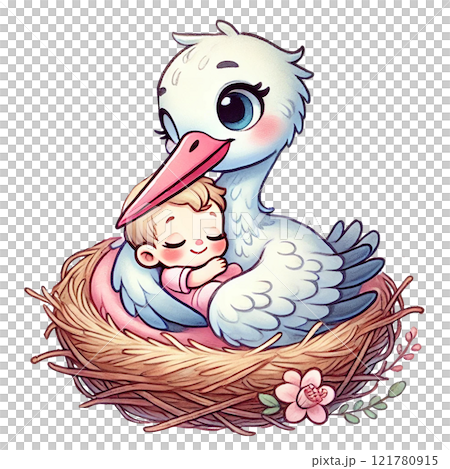 A stork lovingly cradles a sleeping baby in its nest. Baby shower clipart cartoon 121780915