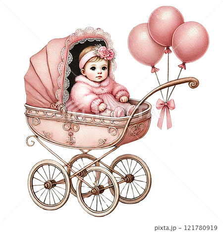 Adorable baby in a vintage stroller with cute balloons. Baby shower clipart cartoon 121780919