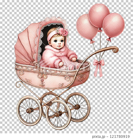 Adorable baby in a vintage stroller with cute balloons. Baby shower clipart cartoon 121780919