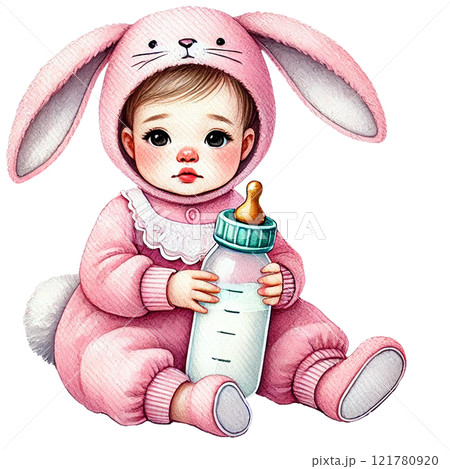 Adorable baby in bunny outfit holding a bottle. Baby shower clipart cartoon 121780920