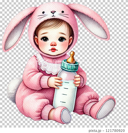 Adorable baby in bunny outfit holding a bottle. Baby shower clipart cartoon 121780920