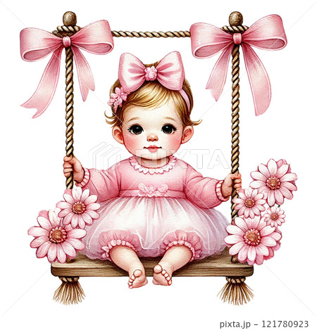 Charming baby girl swings in pink dress with floral accents. Baby shower clipart cartoon 121780923