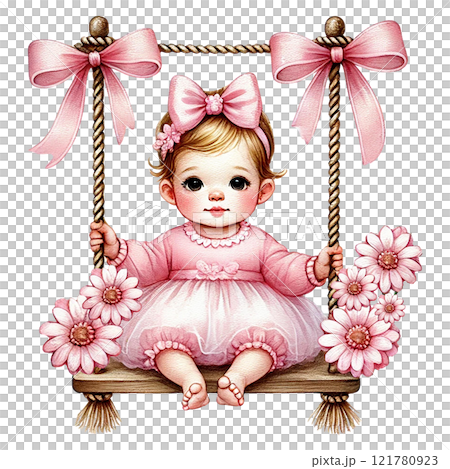 Charming baby girl swings in pink dress with floral accents. Baby shower clipart cartoon 121780923