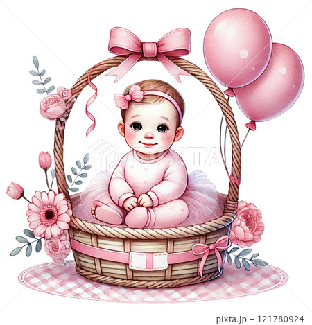 Charming baby in a basket, surrounded by flowers and balloons. Baby shower clipart cartoon Charming baby in a basket, surrounded by flowers and balloons. Baby shower clipart cartoon 121780924
